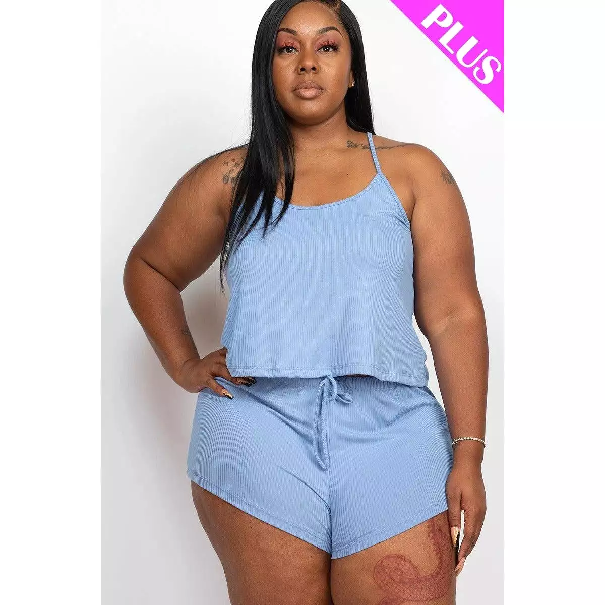 Plus Ribbed Strappy Top And Shorts Set