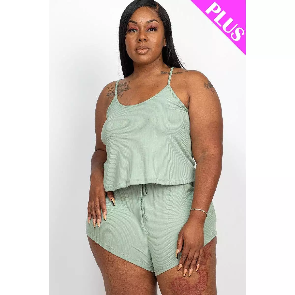 Plus Ribbed Strappy Top And Shorts Set