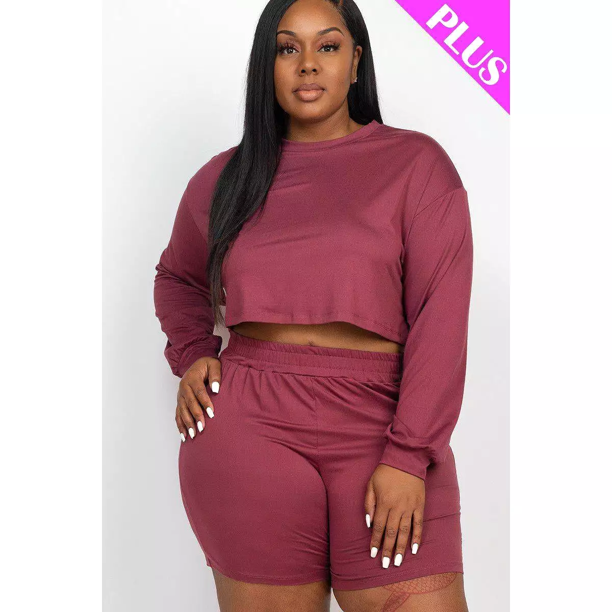 Plus Size Cozy Crop Top And Shorts Set