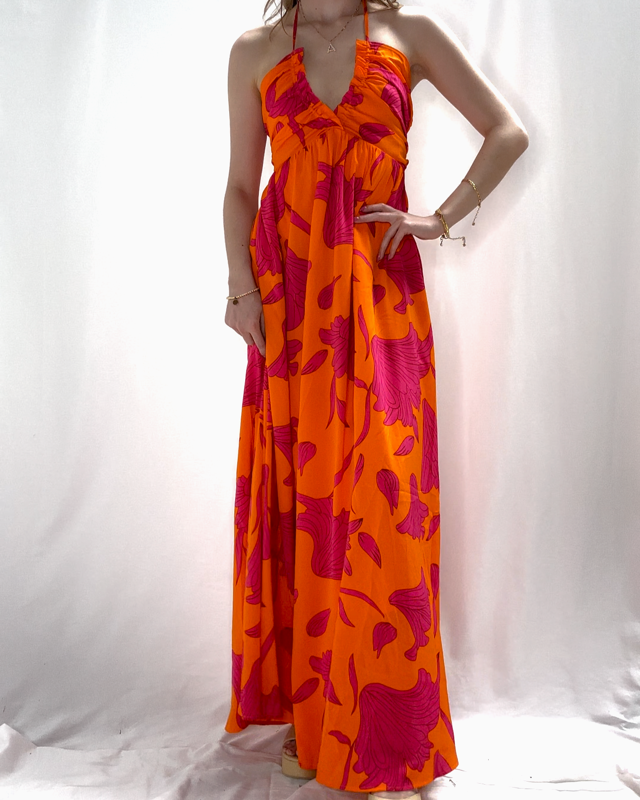 Printed Halter Neck Maxi Dress - Orange