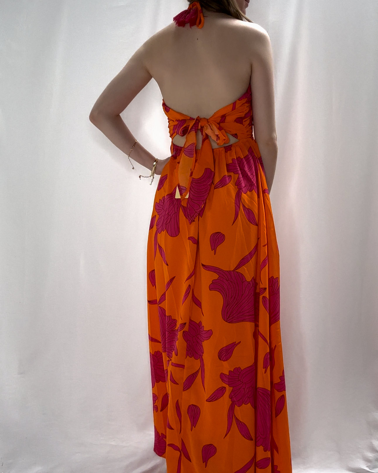 Printed Halter Neck Maxi Dress - Orange