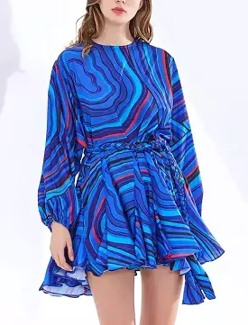 Printed Ruffled and Frilled Skirt Belted Short Dress