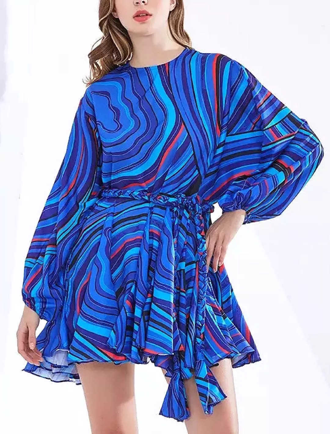 Printed Ruffled and Frilled Skirt Belted Short Dress