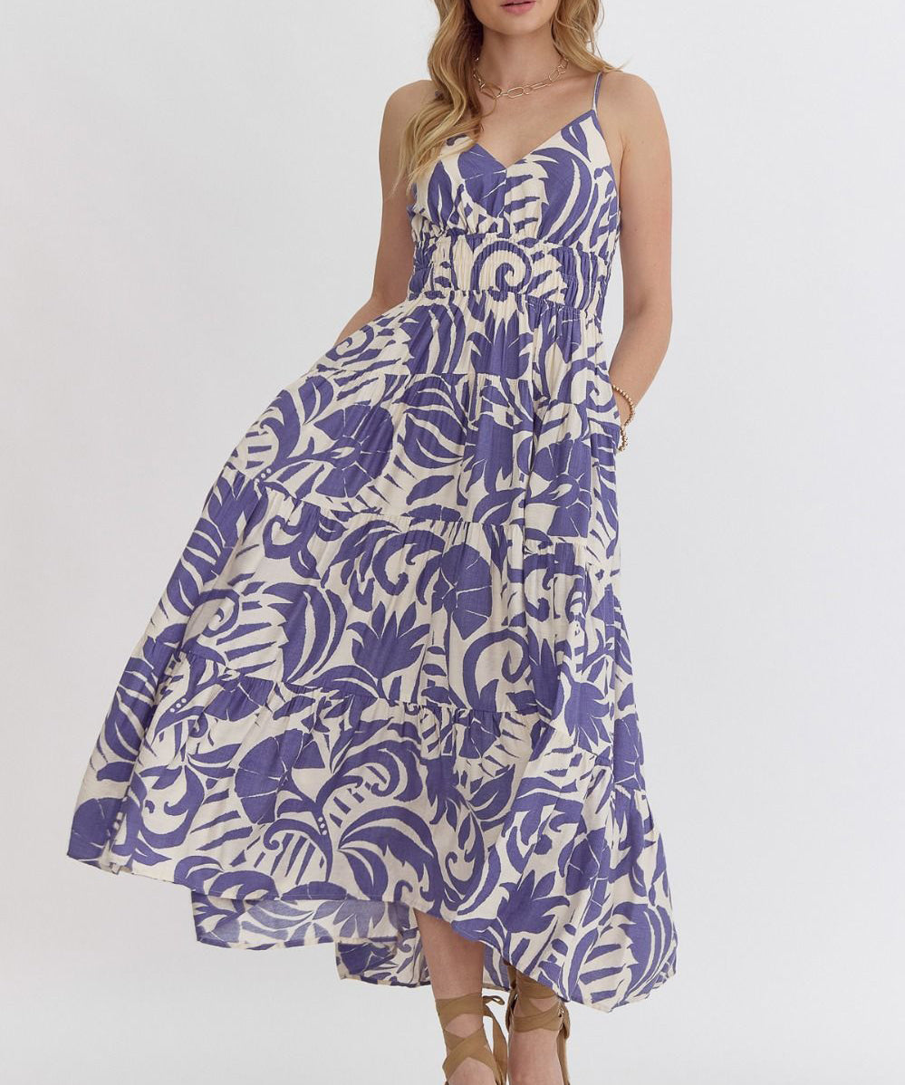 Printed V-Neck Dress - Blue