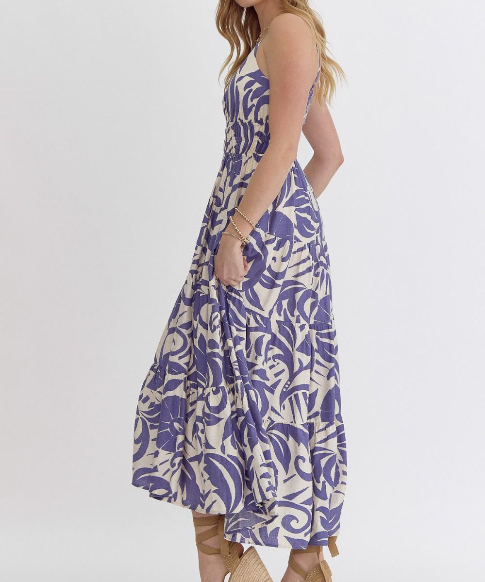 Printed V-Neck Dress - Blue