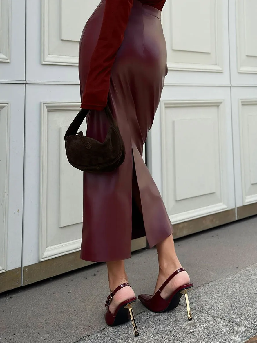 PU Leather Slit Skirt