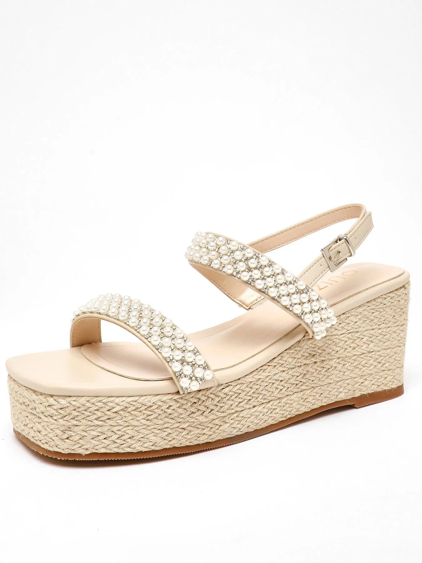 Quiz Cream Pearl Strap Woven Wedges