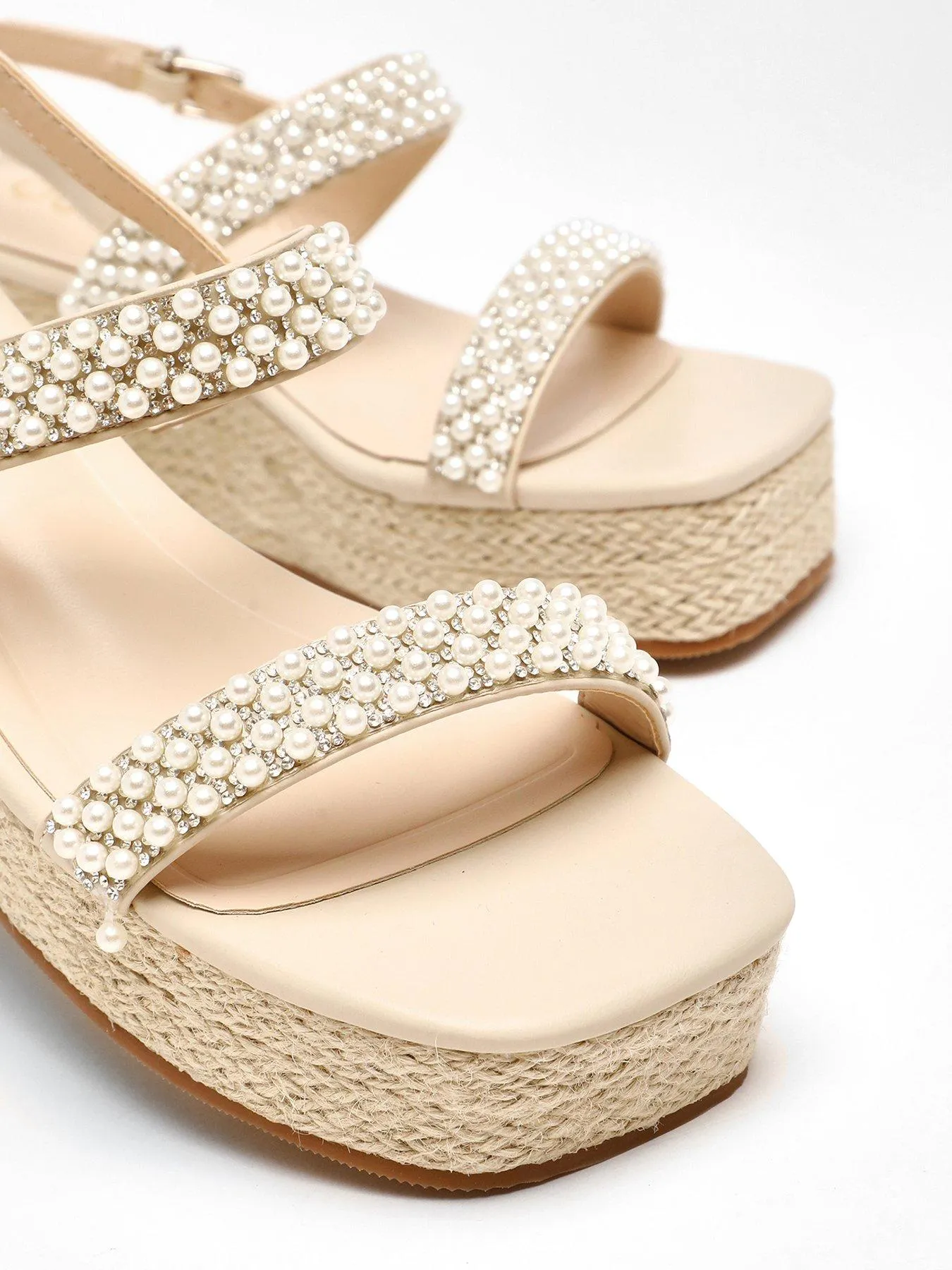 Quiz Cream Pearl Strap Woven Wedges