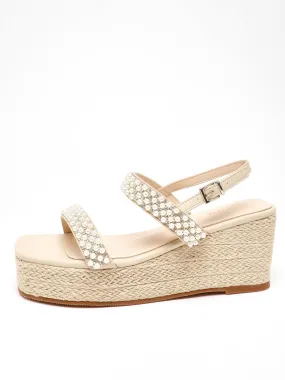 Quiz Cream Pearl Strap Woven Wedges