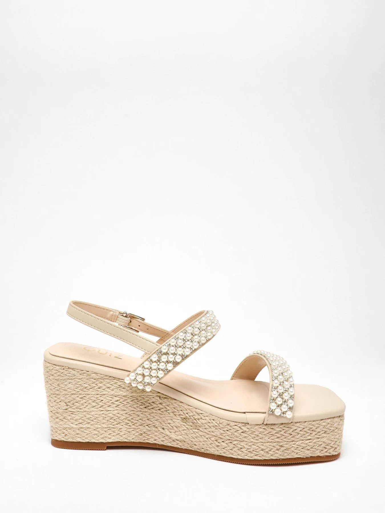 Quiz Cream Pearl Strap Woven Wedges