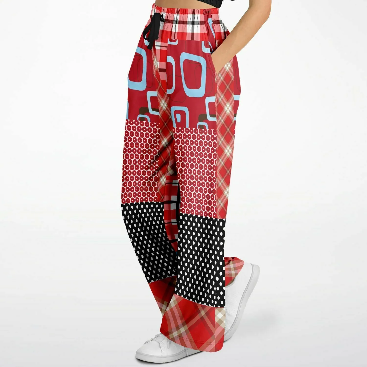 Red Pacific Palisades Patchwork Plaid Eco-Poly Stretchy Phat Bellbottoms