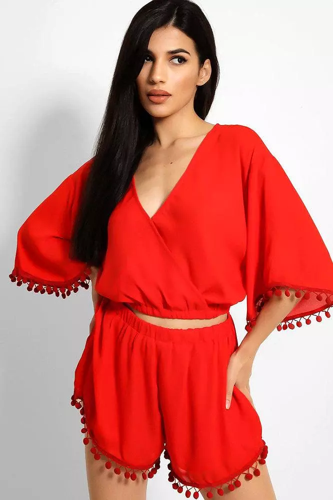 Red Pom-Pom Trims Batwing Top And Shorts Set