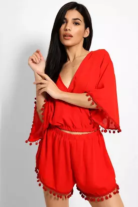 Red Pom-Pom Trims Batwing Top And Shorts Set