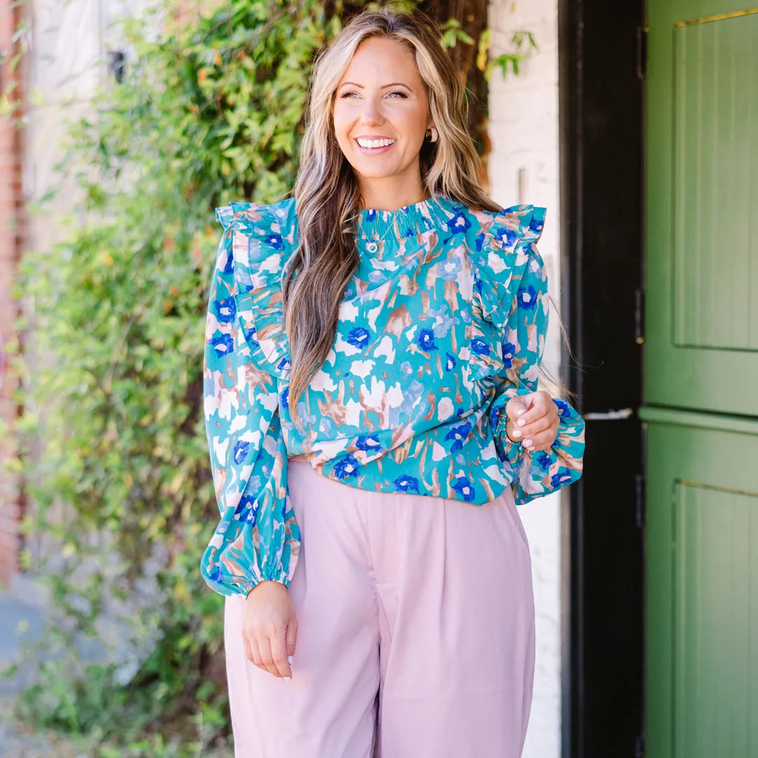 Remarkably Ruffled Top, Teal