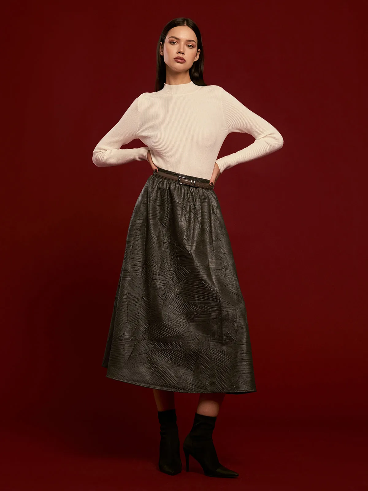 Retro Faux Leather Skirt Without Belt