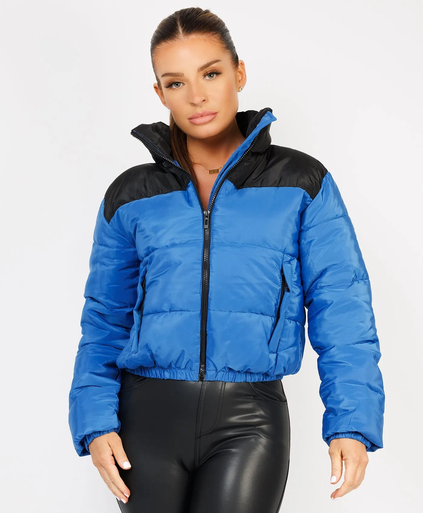 Royal Blue Colour Block Padded Zipped Puffer Bomber Jacket