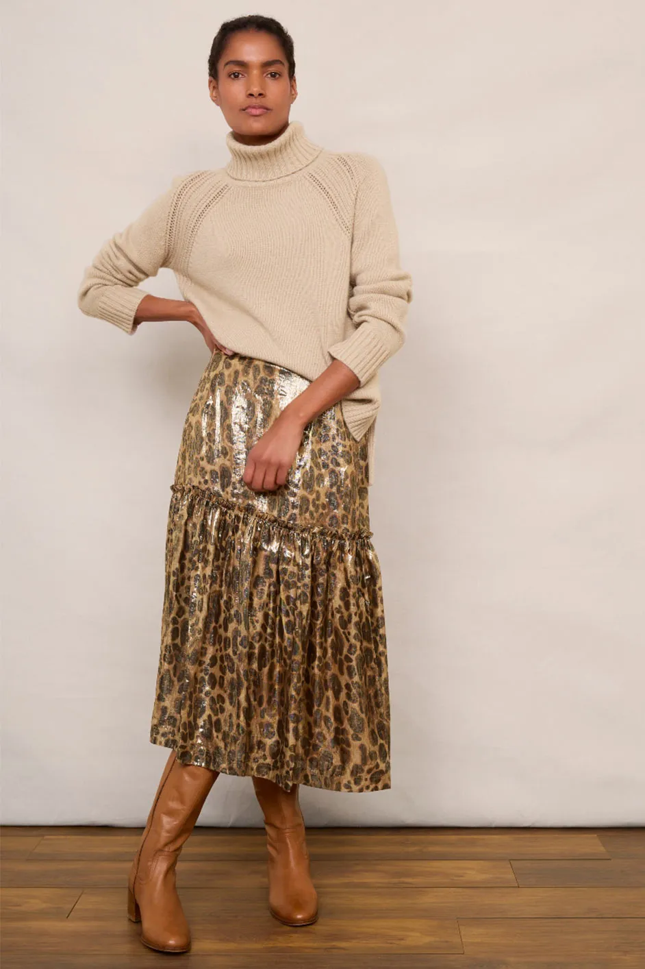 Saskia Silk Blend Lame Skirt - Leopard