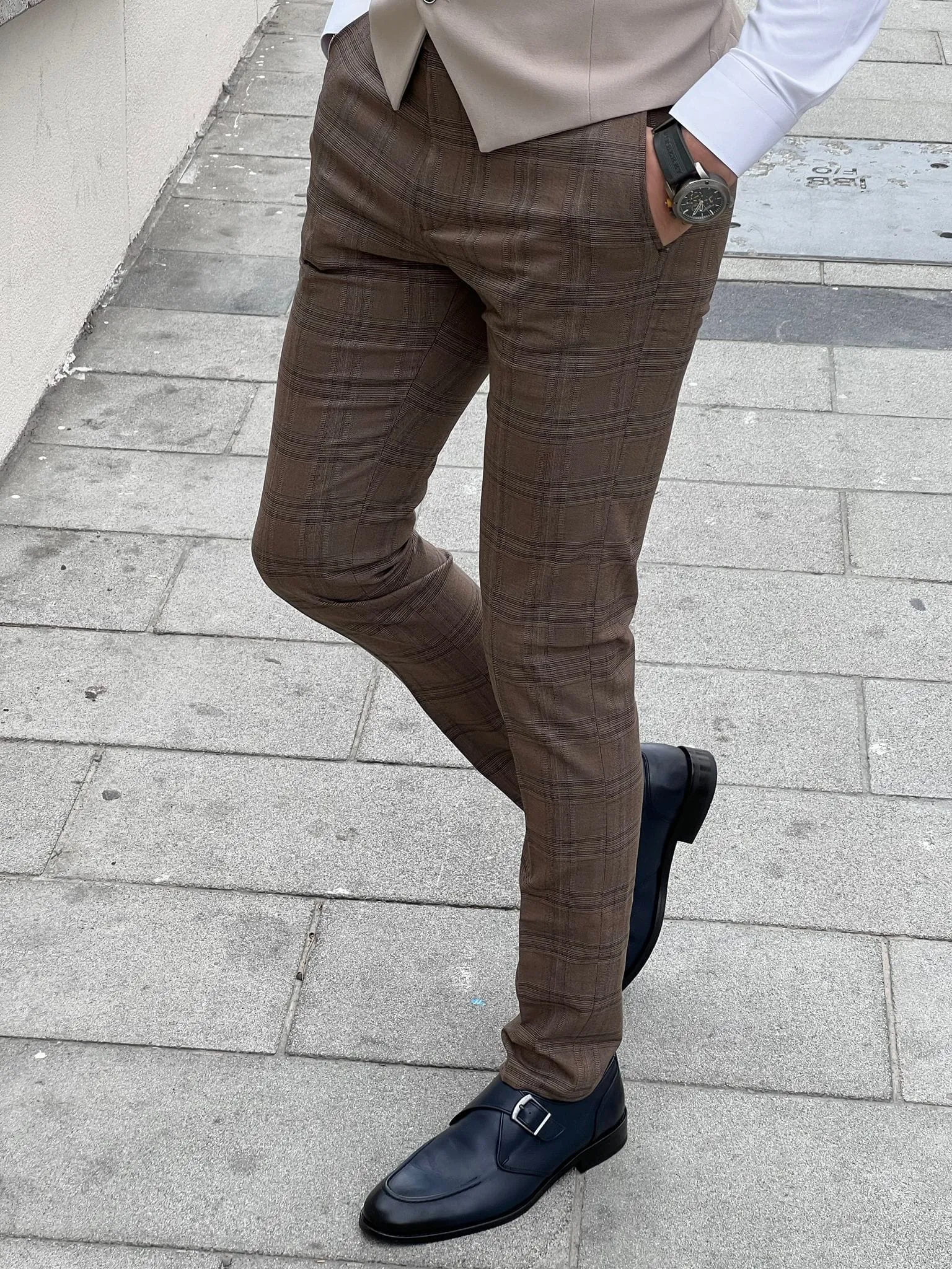 Slim Fit Plaid Wool Brown Men’s Fabric Pants