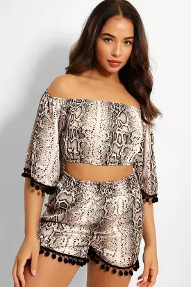 Snake Print Pom Pom Trim Crop Top And Shorts Set