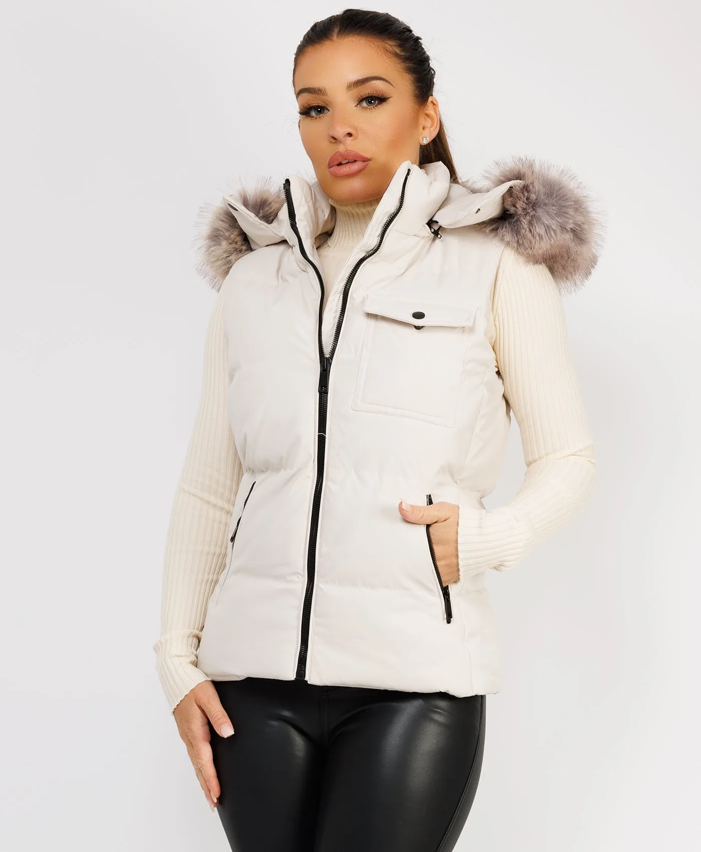 Stone Fluffy Faux Fur Trim Hood Puffer Gilet Vest