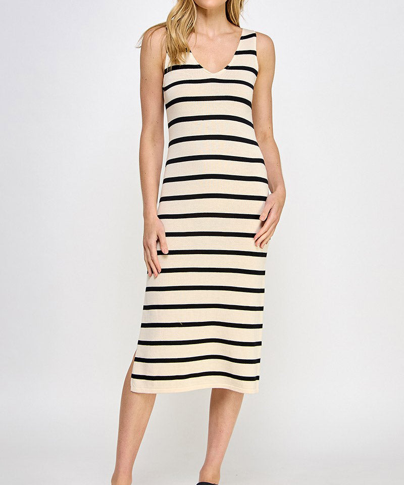 Stripe V-Neck Midi Dress - Cream/Black