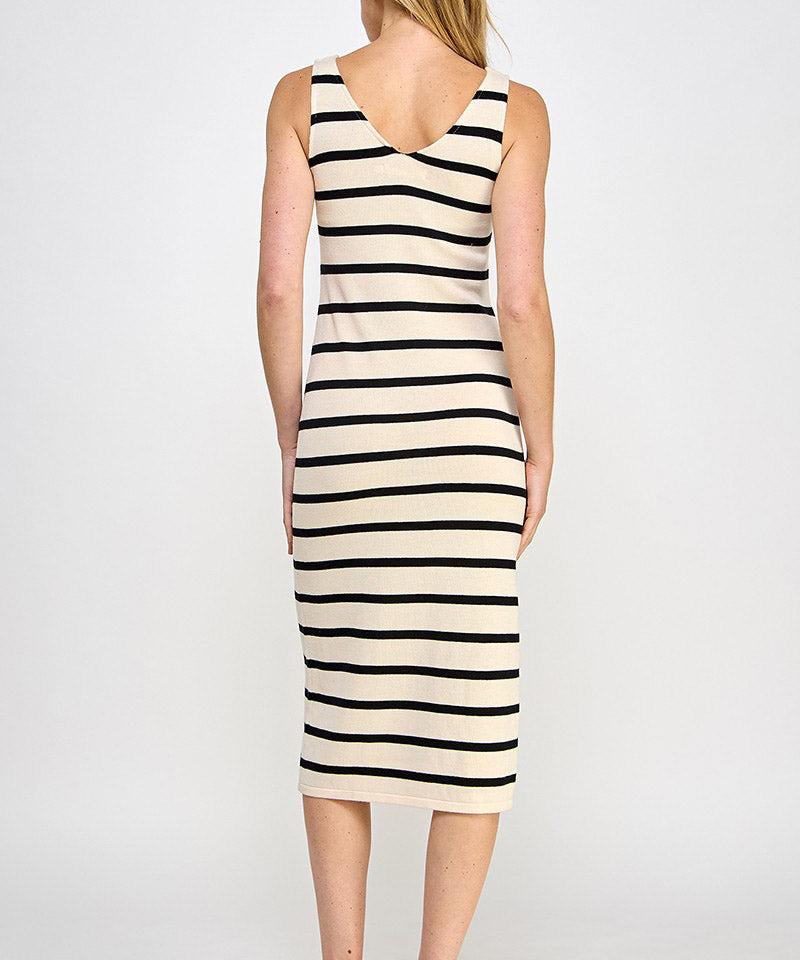 Stripe V-Neck Midi Dress - Cream/Black