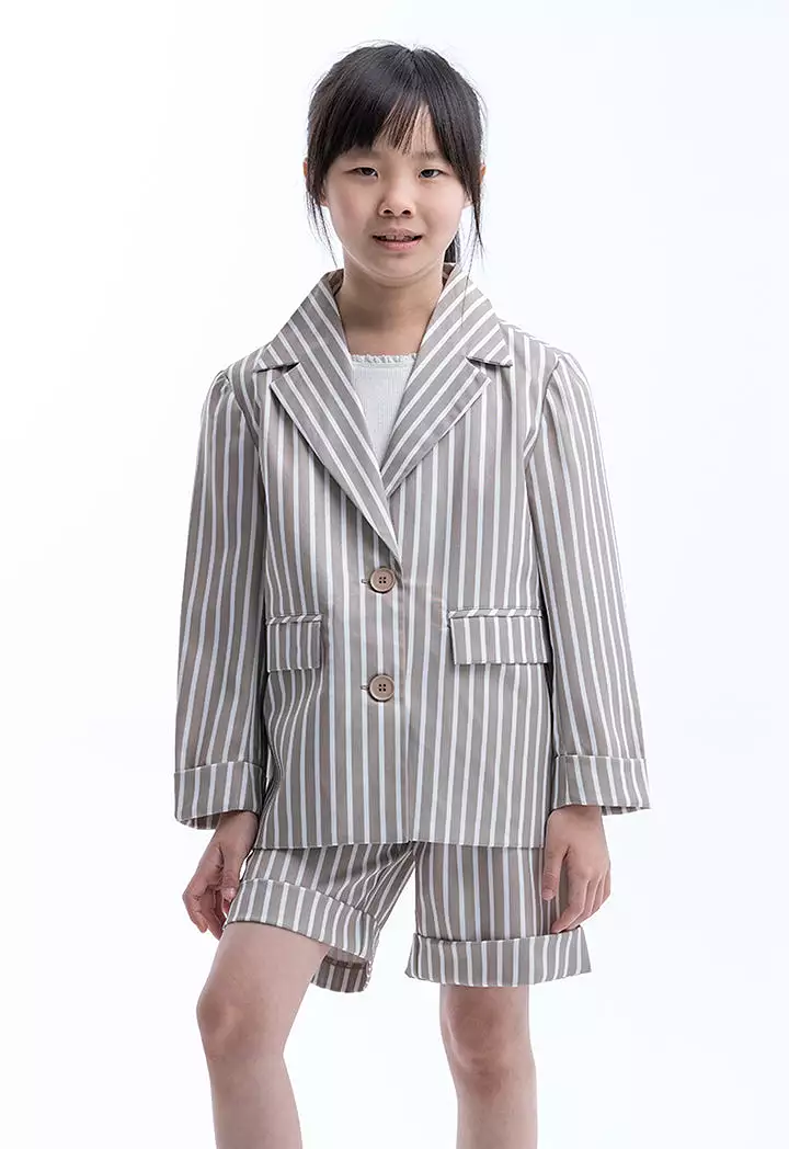 Striped Notch Lapel Blazer And Shorts Girls Set