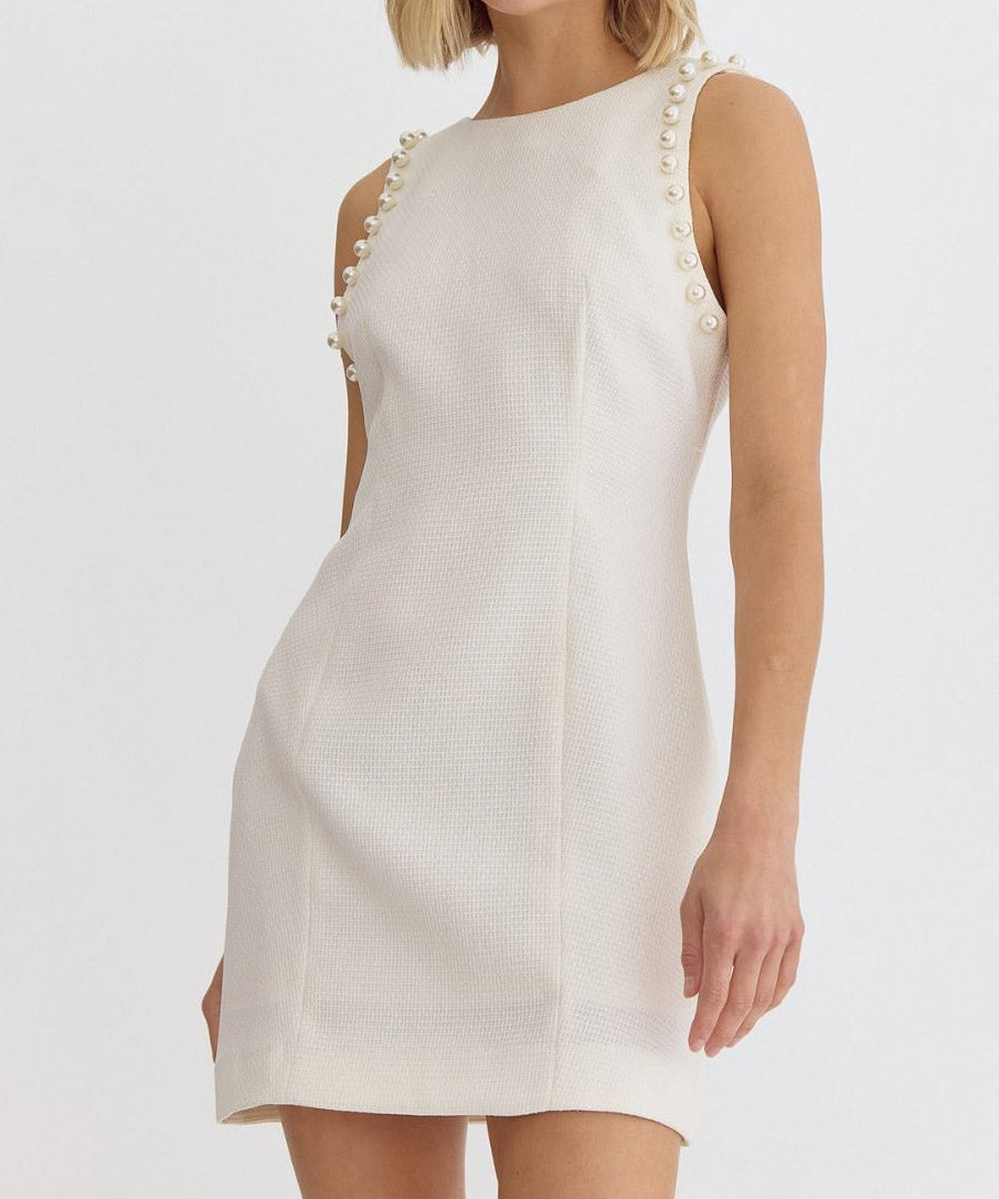 Textured Sleeveless Dress with Pearl Detail - Cream