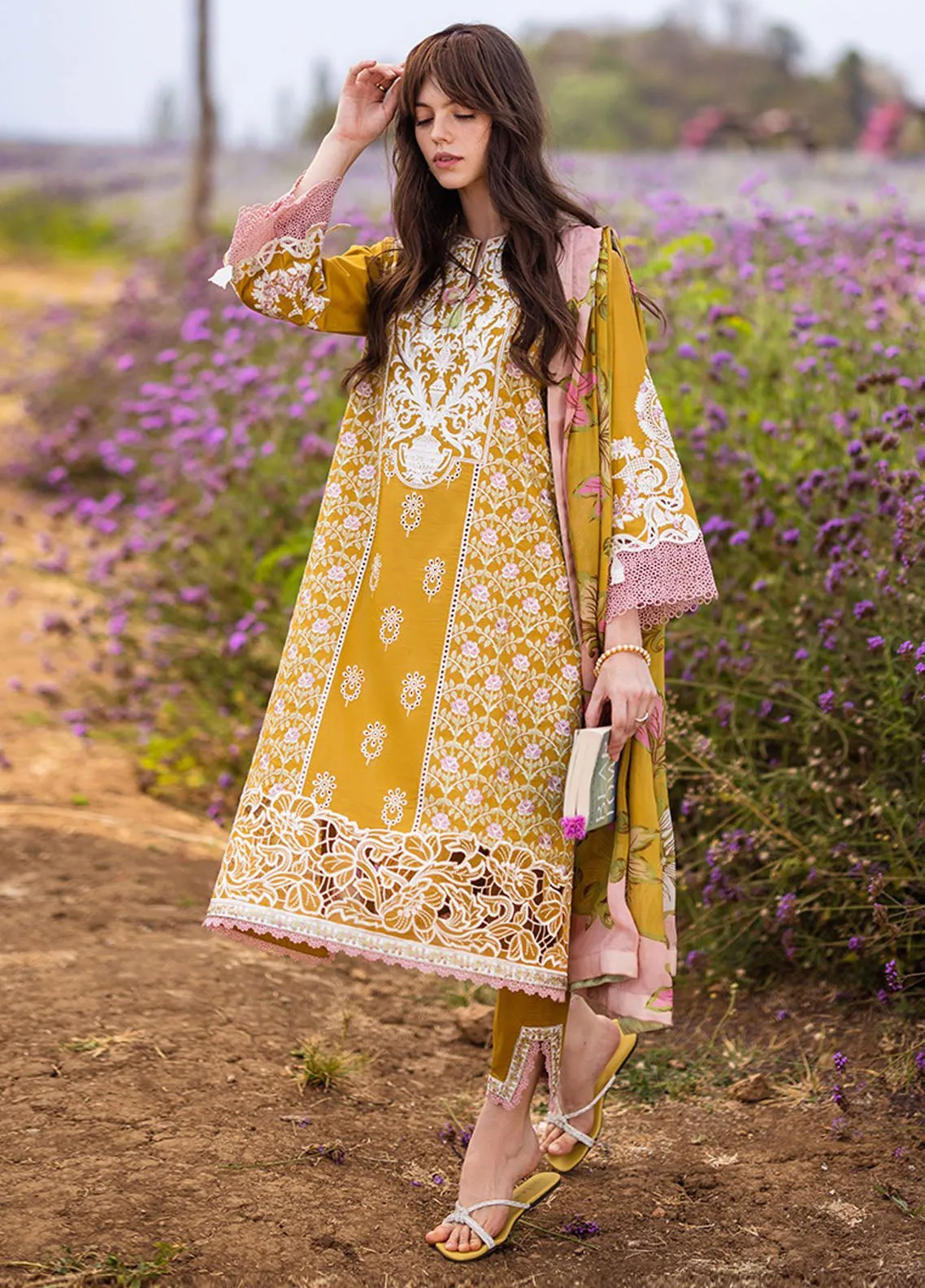 The Secret Garden By Mushq Hemline Spring Embroidered Lawn 3 Piece Unstitched Suit MQ24SGHSL D-4B WHISPERING PETALS