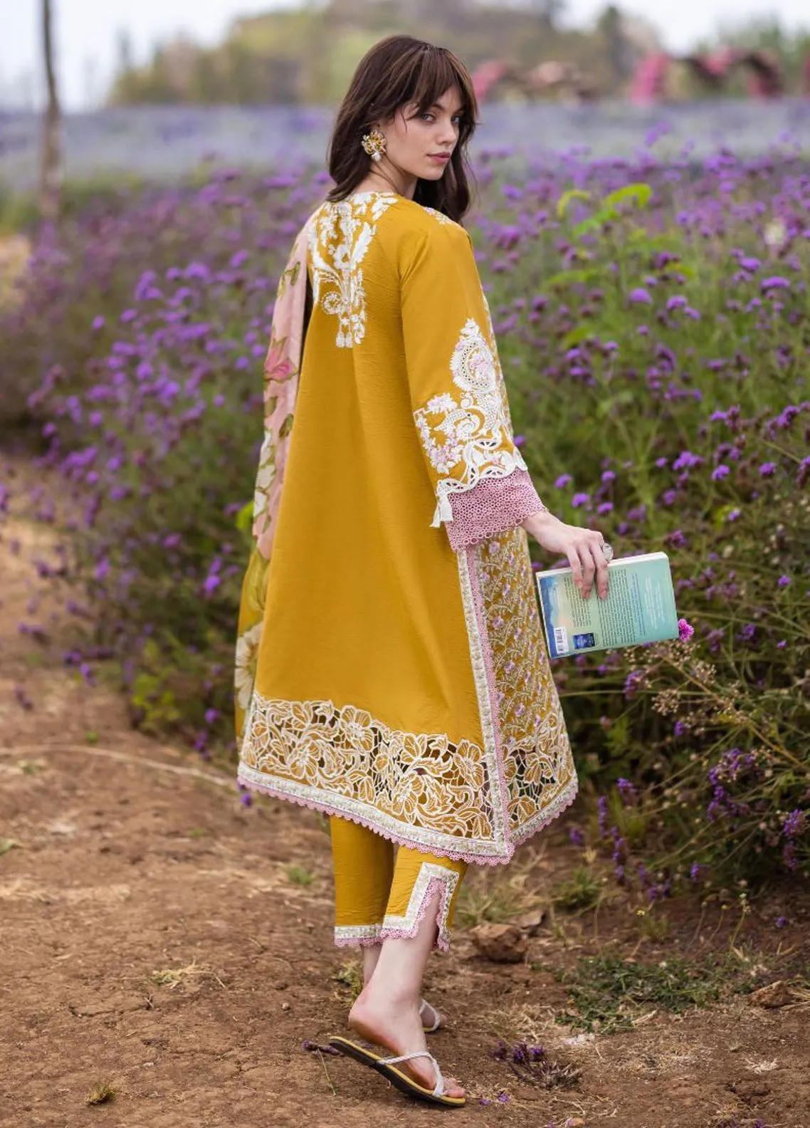 The Secret Garden By Mushq Hemline Spring Embroidered Lawn 3 Piece Unstitched Suit MQ24SGHSL D-4B WHISPERING PETALS