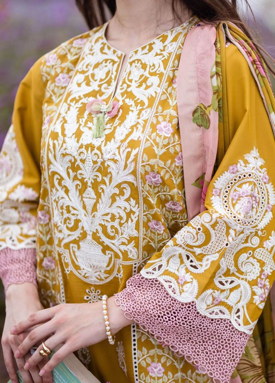 The Secret Garden By Mushq Hemline Spring Embroidered Lawn 3 Piece Unstitched Suit MQ24SGHSL D-4B WHISPERING PETALS