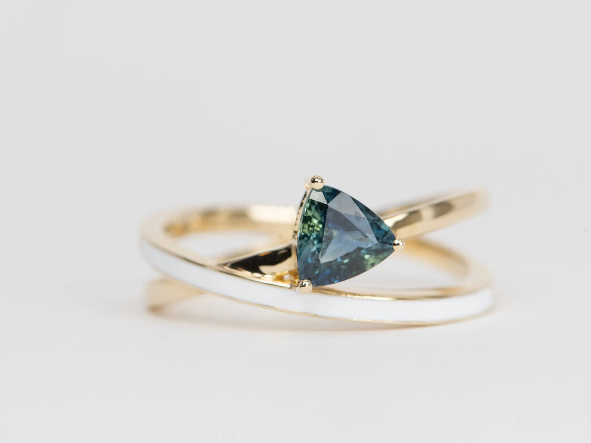 Triangle Teal Sapphire with White Enamel Cross Over Ring 14K Gold R6524