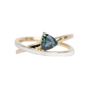 Triangle Teal Sapphire with White Enamel Cross Over Ring 14K Gold R6524