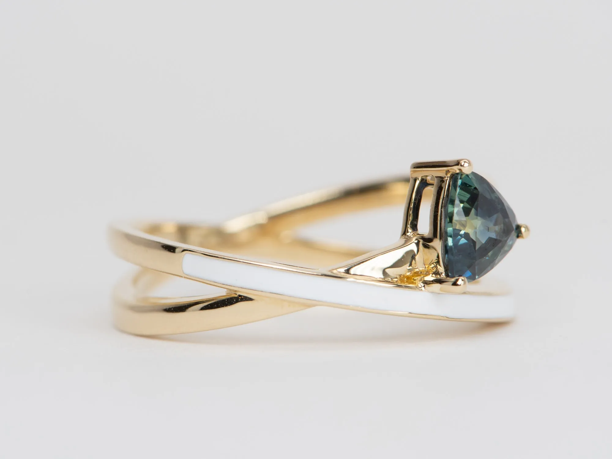 Triangle Teal Sapphire with White Enamel Cross Over Ring 14K Gold R6524