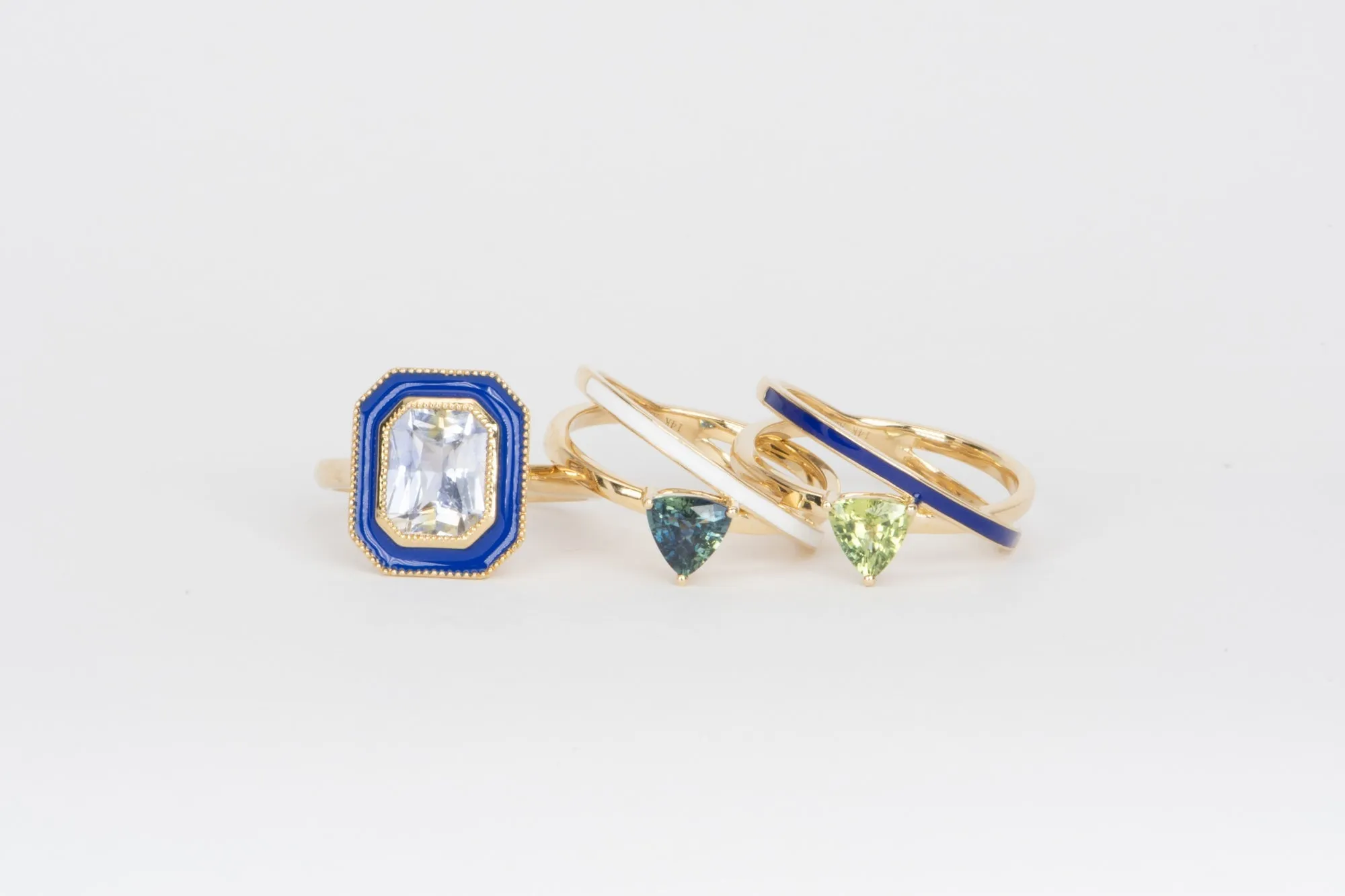 Triangle Teal Sapphire with White Enamel Cross Over Ring 14K Gold R6524