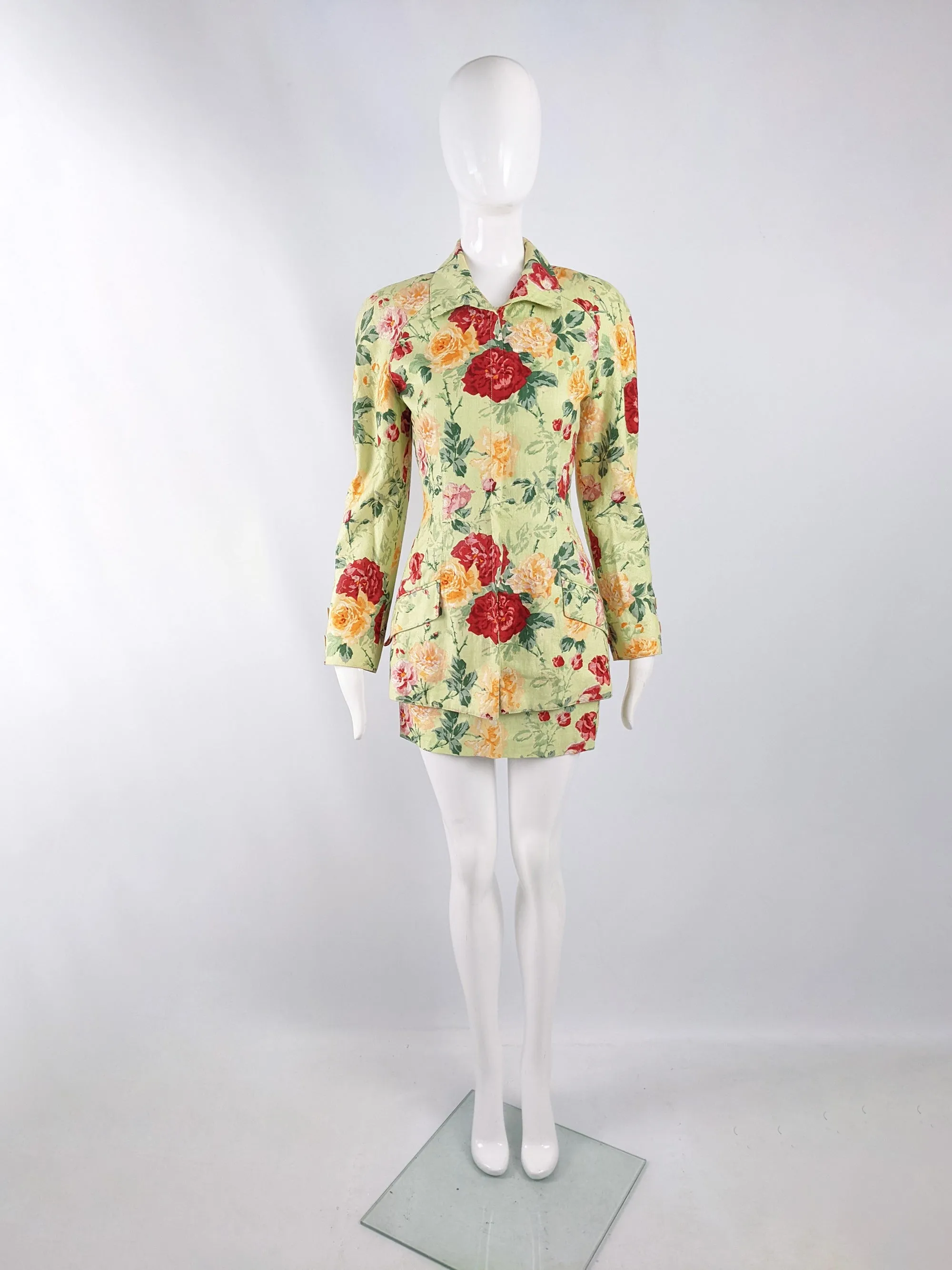 Valentino Vintage Green Linen Floral Skirt Suit, 1990s