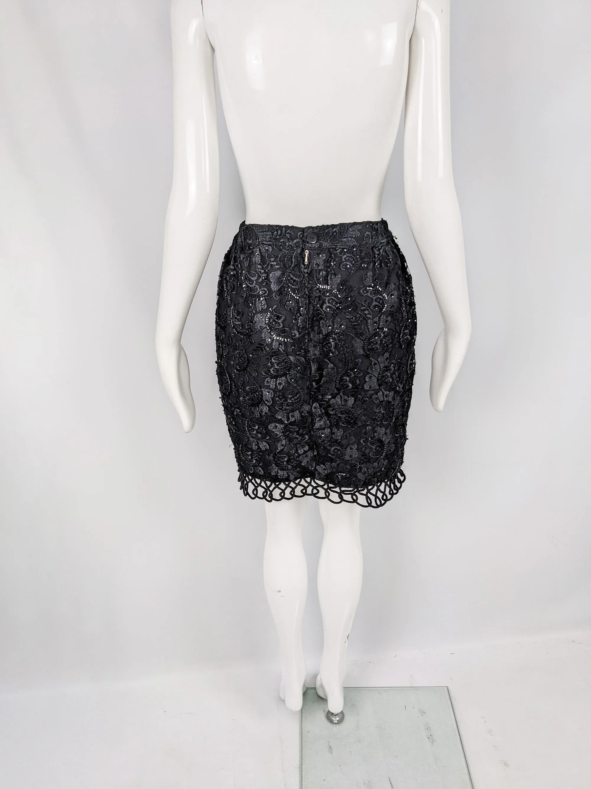 Vintage Black Embroidered Lace & Sequin Party Skirt, 1980s