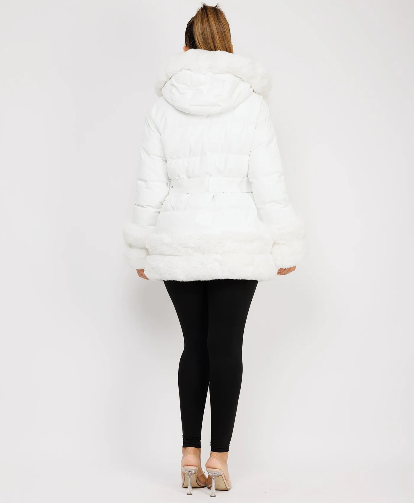 White Puffer Padded Jacket With Faux Fur Hood Cuff And Trim