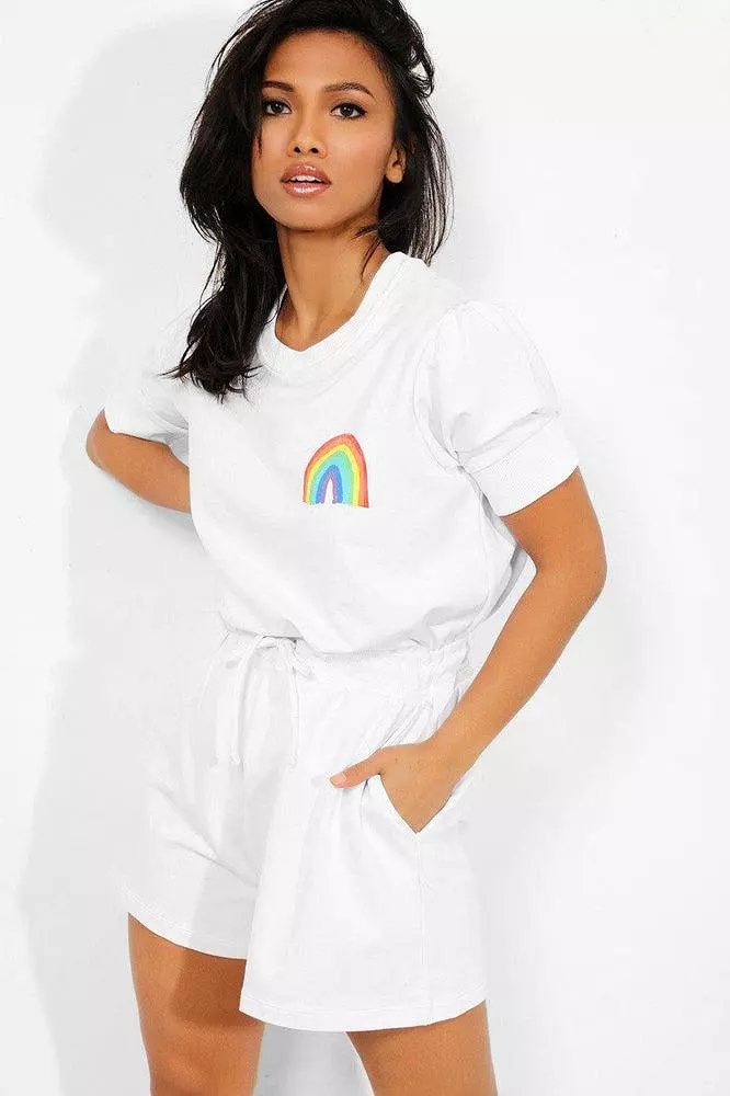 White Rainbow Print T-Shirt And Shorts Set