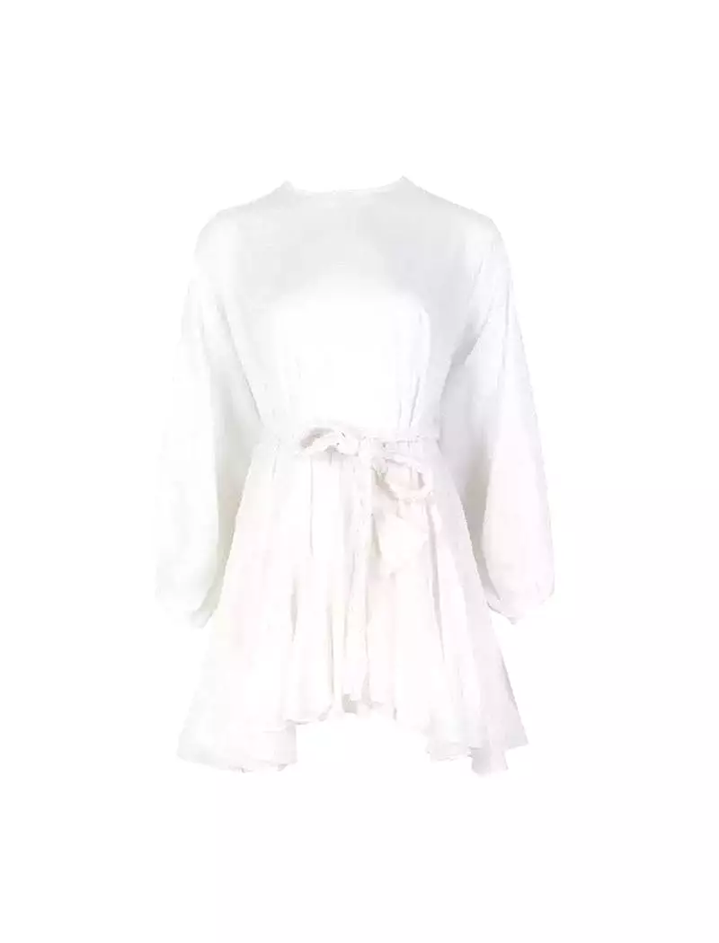 White Ruffled and Frilled Skirt Belted Short Dress