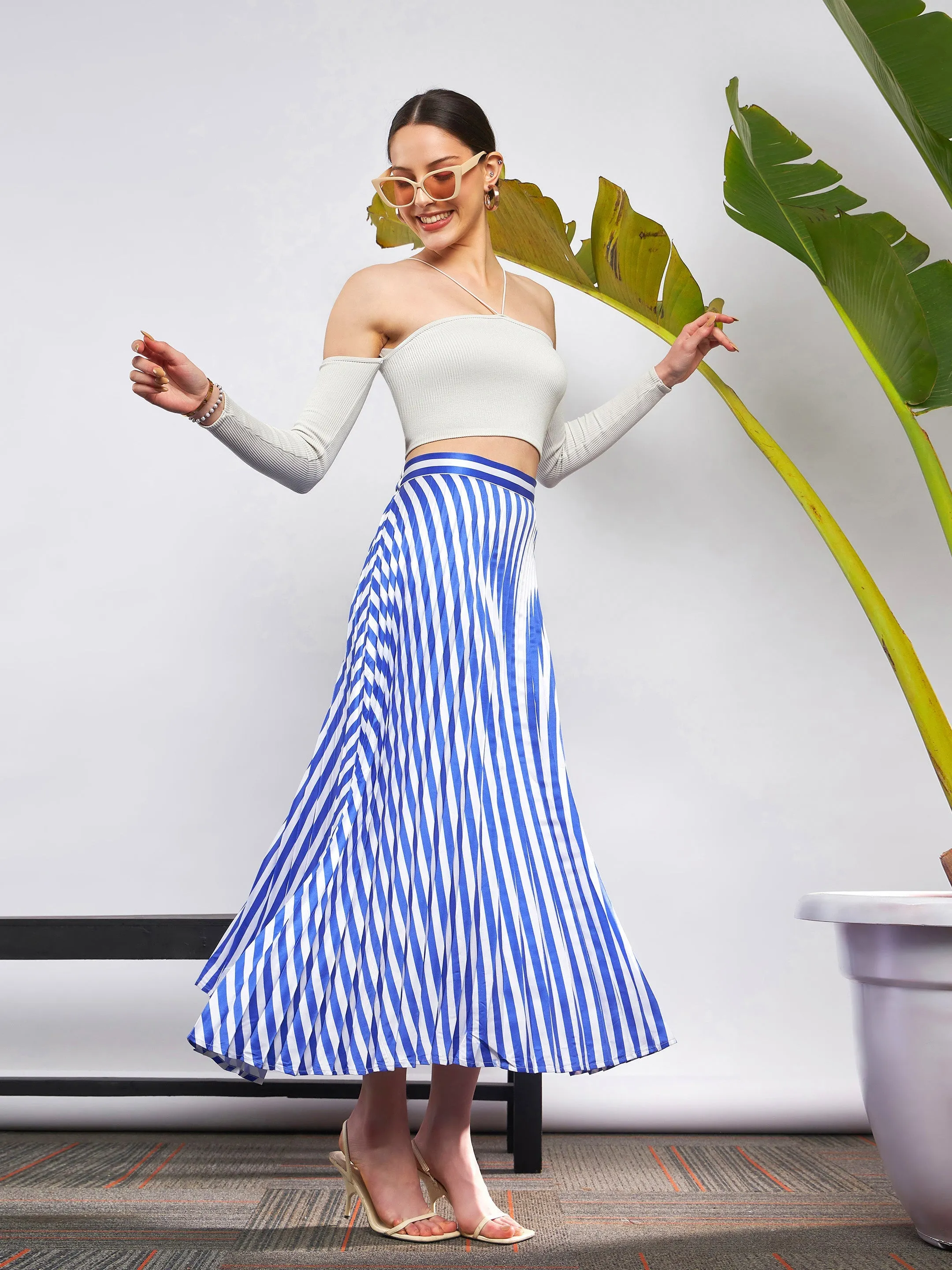 Women Blue & White Satin Striped Accordion Pleated Maxi Skirt