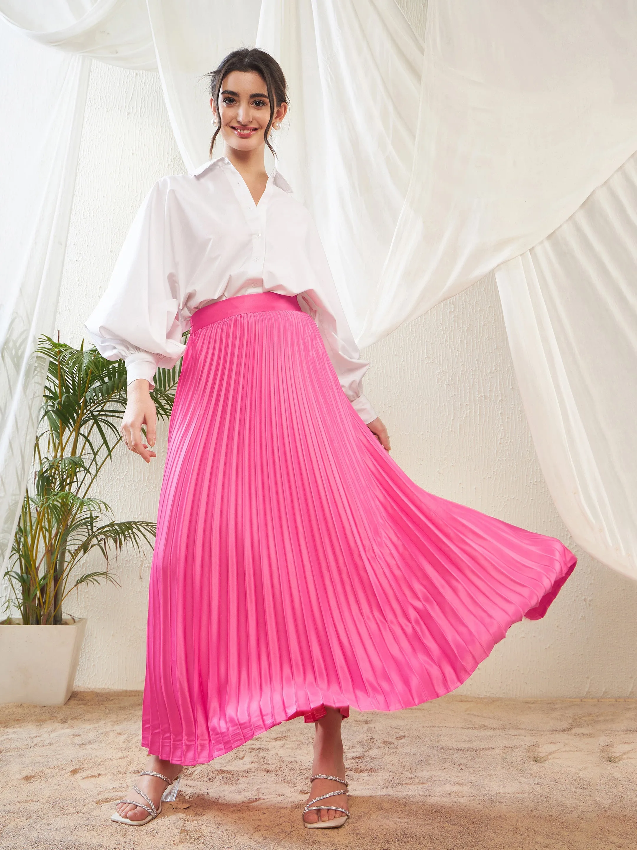 Women Pink Satin Accordion Pleated Maxi Skirt