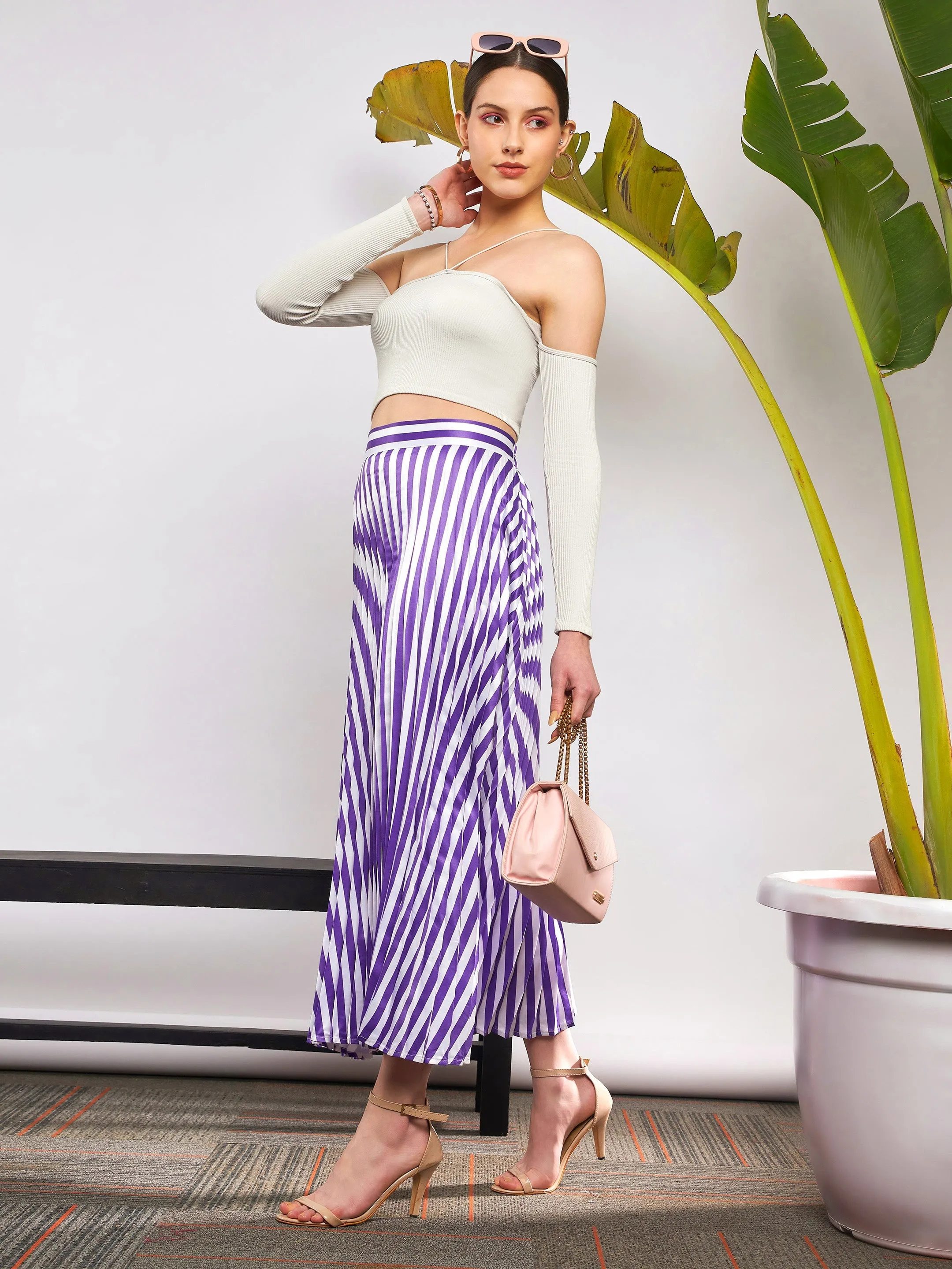 Women Purple & White Satin Striped Accordion Pleated Maxi Skirt