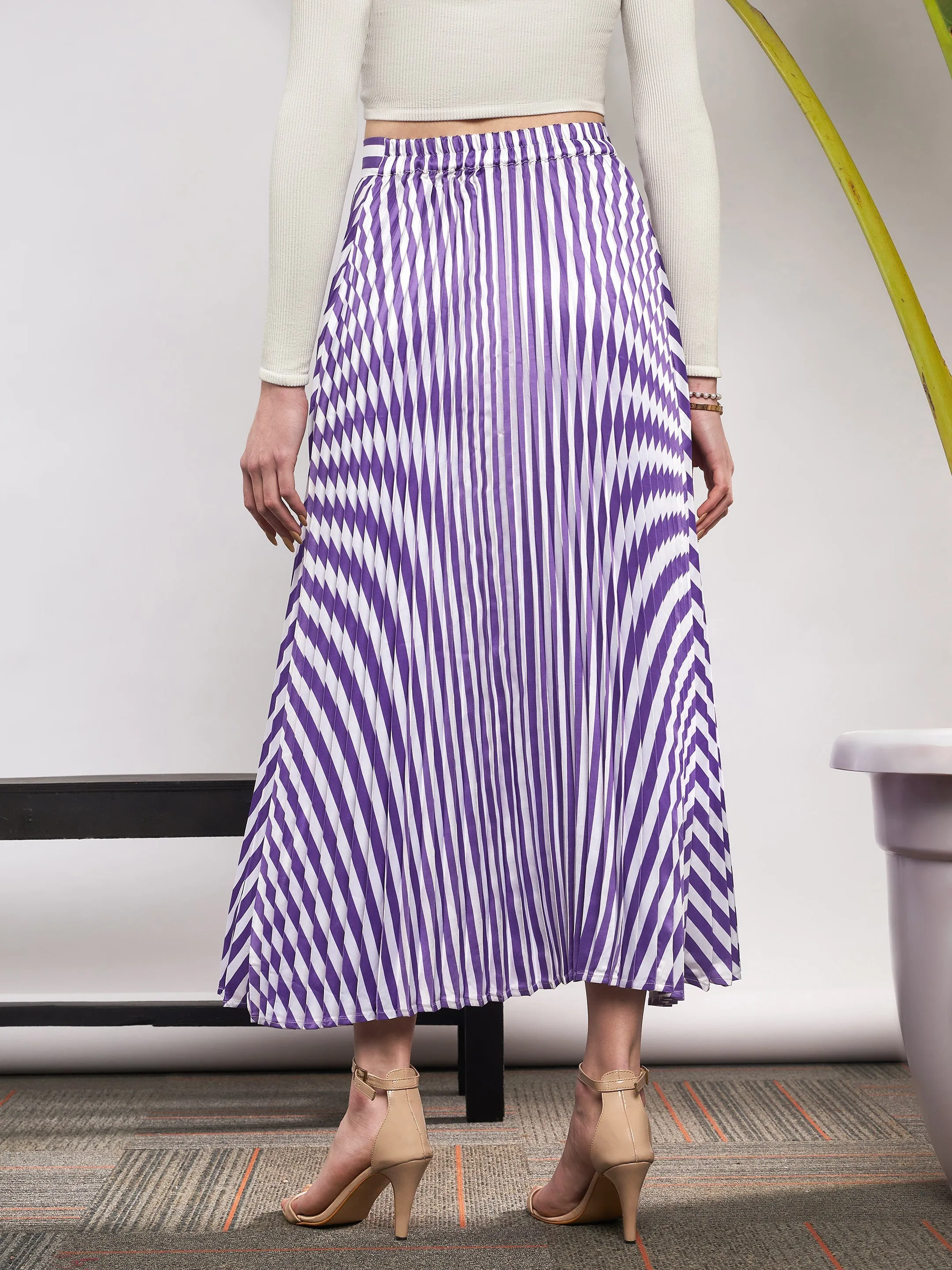 Women Purple & White Satin Striped Accordion Pleated Maxi Skirt