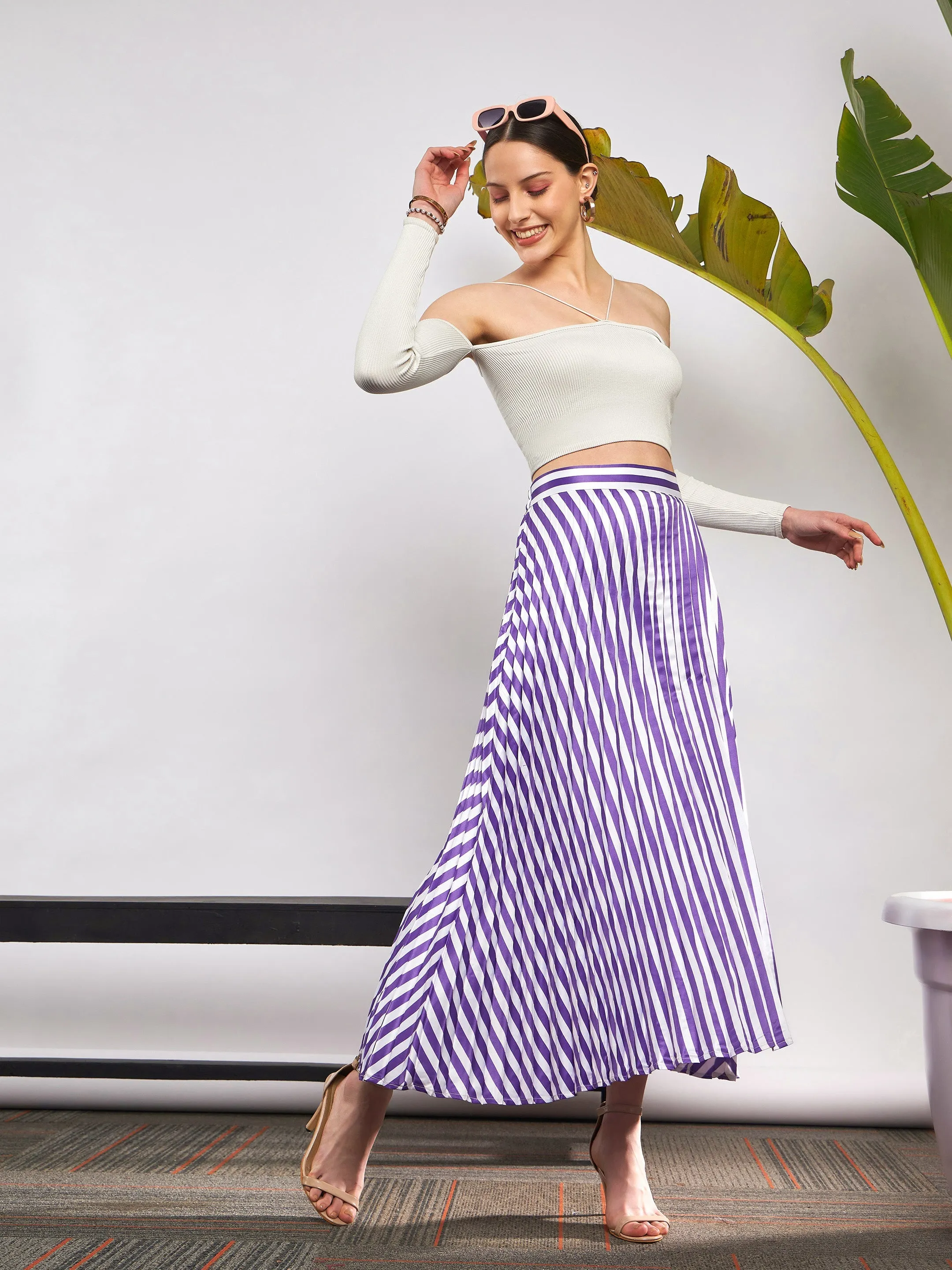 Women Purple & White Satin Striped Accordion Pleated Maxi Skirt