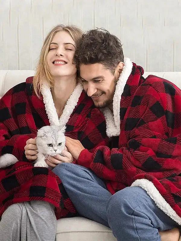 Women's Christmas Grid/Plaid Hoodie Fleece Pajamas Blanket for Couples