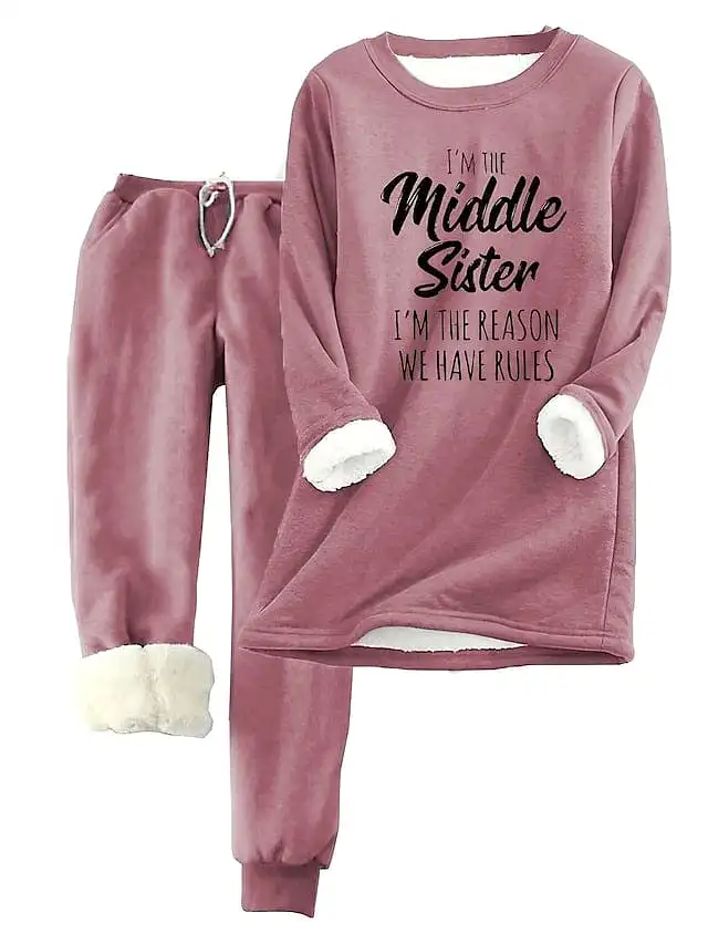 Women's Letter Print Cozy Fleece Hoodie and Tracksuit Pants Set