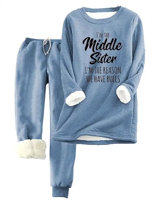 Women's Letter Print Cozy Fleece Hoodie and Tracksuit Pants Set