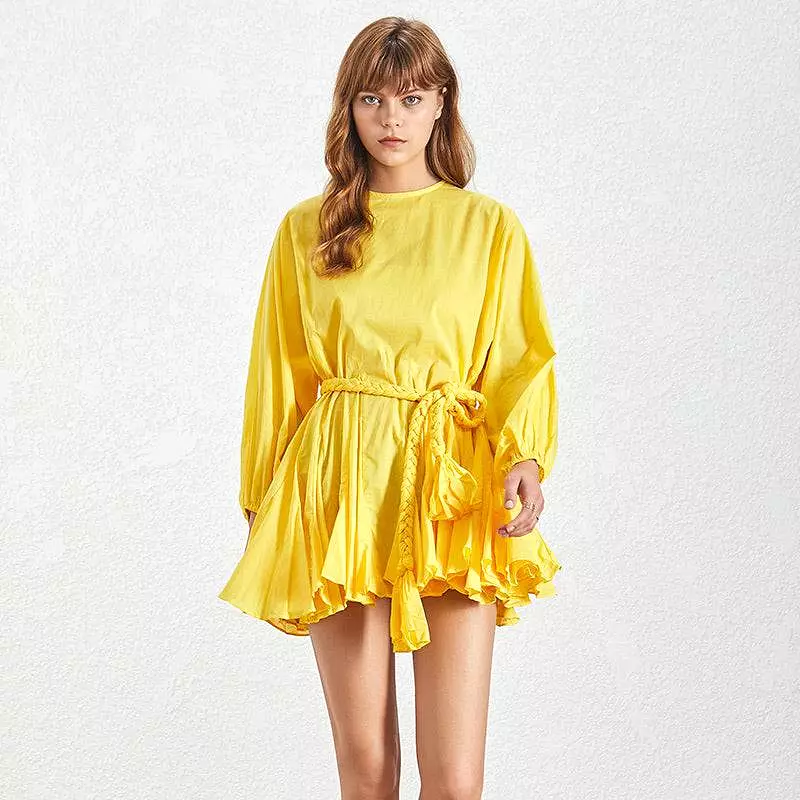 Yellow Ruffled and Frilled Skirt Belted Short Dress