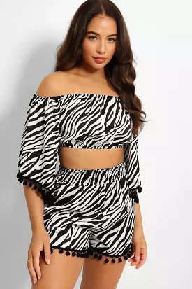 Zebra Print Pom Pom Trim Crop Top And Shorts Set